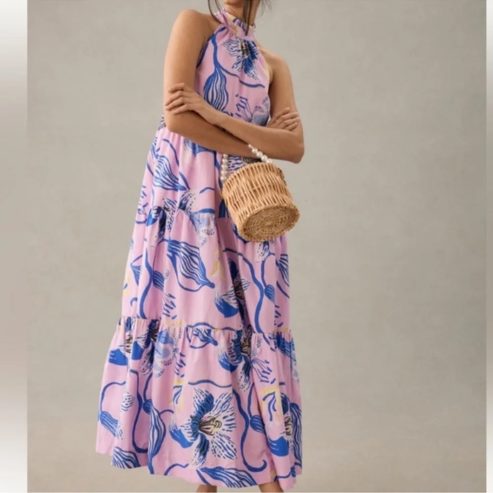 Anthro x Sarah Gordon tiered halter midi dress in lavender lilac blue floral - Picture 11 of 11